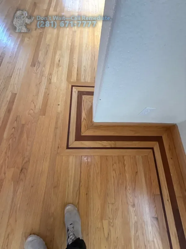 Oak hardwood floor with a dark inlay border, before any work, Fremont