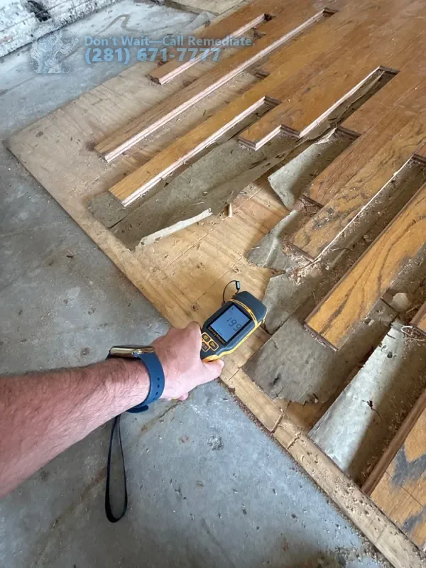 Hardwood boards lifted and a moisture meter held against the wet subfloor beneath