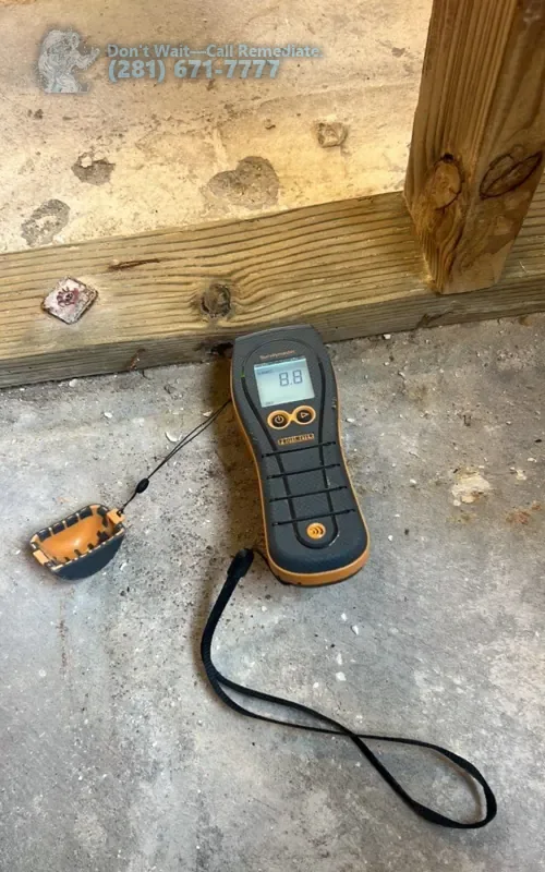 Moisture meter on the bare slab during drying